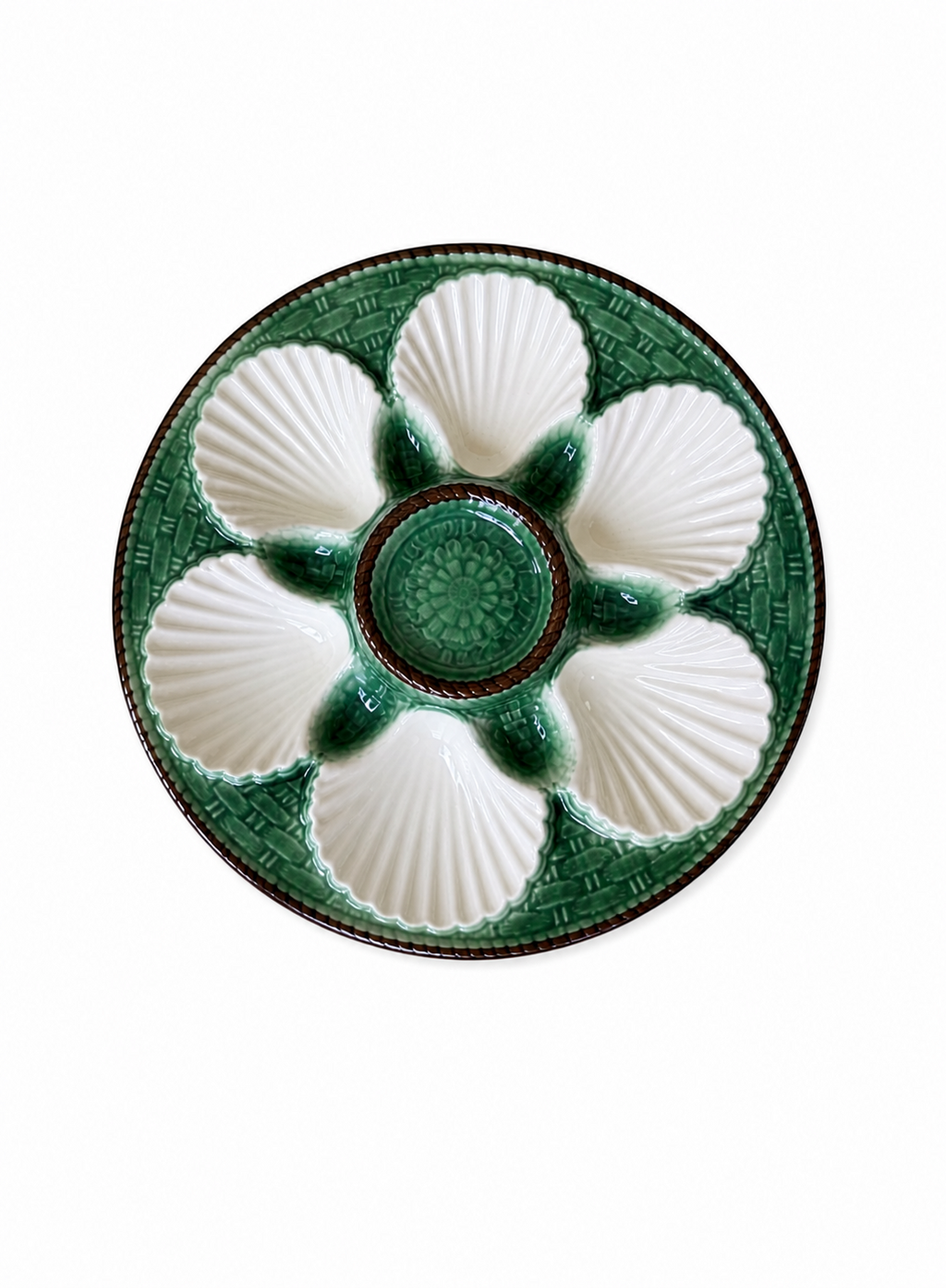 Vintage Saint Clément French Oyster Plate – Green Basketweave Majolica